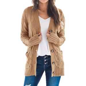 imagePRETTYGARDEN Womens Open Front Cardigan Sweaters Fall Fashion Button Down Cable Knit Chunky Winter Outerwear CoatsKhaki