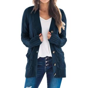 imagePRETTYGARDEN Womens Open Front Cardigan Sweaters Fall Fashion Button Down Cable Knit Chunky Winter Outerwear CoatsLake Blue