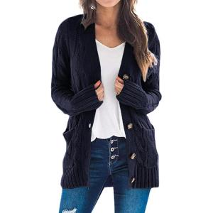 imagePRETTYGARDEN Womens Open Front Cardigan Sweaters Fall Fashion Button Down Cable Knit Chunky Winter Outerwear CoatsNavy
