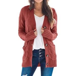 imagePRETTYGARDEN Womens Open Front Cardigan Sweaters Fall Fashion Button Down Cable Knit Chunky Winter Outerwear CoatsRed