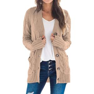 imagePRETTYGARDEN Womens Open Front Cardigan Sweaters Fall Fashion Button Down Cable Knit Chunky Winter Outerwear CoatsTan