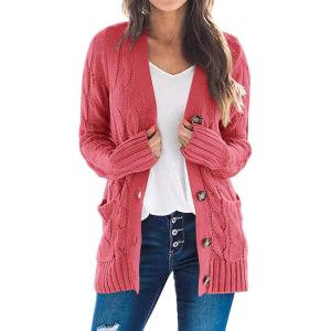 imagePRETTYGARDEN Womens Open Front Cardigan Sweaters Fall Fashion Button Down Cable Knit Chunky Winter Outerwear CoatsVermilion