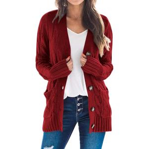 imagePRETTYGARDEN Womens Open Front Cardigan Sweaters Fall Fashion Button Down Cable Knit Chunky Winter Outerwear CoatsWine Red