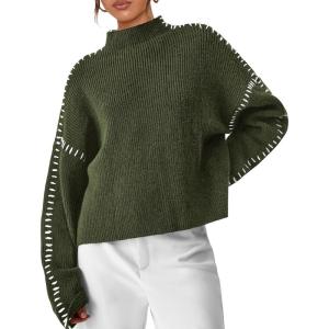 imagePRETTYGARDEN Womens Chunky Knit Winter Sweaters Casual Long Sleeve Mock Neck Oversized Loose Pullover Sweater TopsArmy Green
