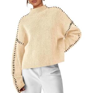 imagePRETTYGARDEN Womens Chunky Knit Winter Sweaters Casual Long Sleeve Mock Neck Oversized Loose Pullover Sweater TopsBeige