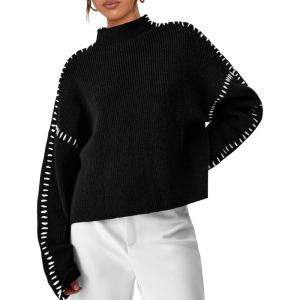 imagePRETTYGARDEN Womens Chunky Knit Winter Sweaters Casual Long Sleeve Mock Neck Oversized Loose Pullover Sweater TopsBlack