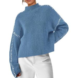 imagePRETTYGARDEN Womens Chunky Knit Winter Sweaters Casual Long Sleeve Mock Neck Oversized Loose Pullover Sweater TopsBlue