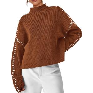 imagePRETTYGARDEN Womens Chunky Knit Winter Sweaters Casual Long Sleeve Mock Neck Oversized Loose Pullover Sweater TopsCaramel