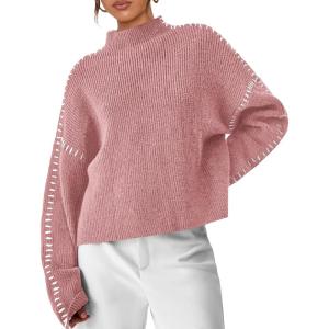 imagePRETTYGARDEN Womens Chunky Knit Winter Sweaters Casual Long Sleeve Mock Neck Oversized Loose Pullover Sweater TopsGrey Pink