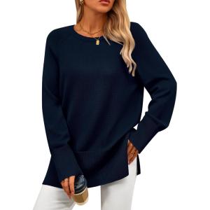 imagePRETTYGARDEN Womens Knit Spring Sweaters Long Sleeve Pullover Crewneck Split Hem Loose Oversized Tunic Fall Sweater TopNavy