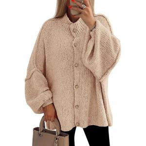 imagePRETTYGARDEN Womens Winter Button Down Cardigan Sweaters Mock Neck Lantern Long Sleeve Chunky Knit Jacket Trendy OuterwearApricot