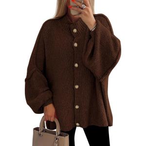 imagePRETTYGARDEN Womens Winter Button Down Cardigan Sweaters Mock Neck Lantern Long Sleeve Chunky Knit Jacket Trendy OuterwearBrown