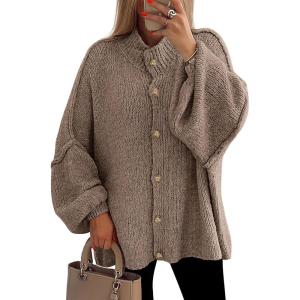 imagePRETTYGARDEN Womens Winter Button Down Cardigan Sweaters Mock Neck Lantern Long Sleeve Chunky Knit Jacket Trendy OuterwearCamel