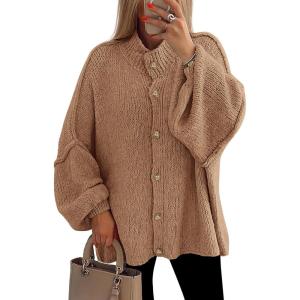 imagePRETTYGARDEN Womens Winter Button Down Cardigan Sweaters Mock Neck Lantern Long Sleeve Chunky Knit Jacket Trendy OuterwearKhaki