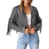 imagePRETTYGARDEN Womens Fringe Faux Suede Leather Jackets 2025 Fashion Tassel Motorcycle Cropped CoatsSilver Grey