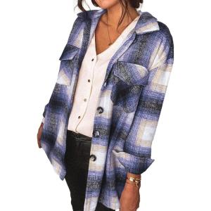 imagePRETTYGARDEN Womens Fall Clothes Plaid Shacket Jacket Trendy Casual Long Sleeve Button Down Flannel Shirts Fashion BlouseBlue