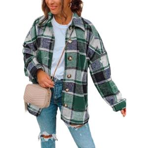 imagePRETTYGARDEN Womens Fall Clothes Plaid Shacket Jacket Trendy Casual Long Sleeve Button Down Flannel Shirts Fashion BlouseGreen