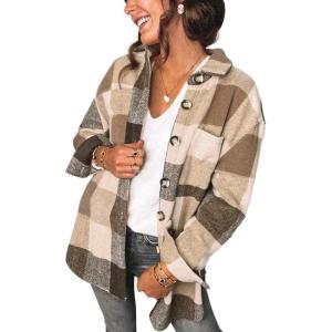imagePRETTYGARDEN Womens Fall Clothes Plaid Shacket Jacket Trendy Casual Long Sleeve Button Down Flannel Shirts Fashion BlouseKhaki