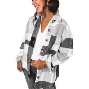 imagePRETTYGARDEN Womens Fall Clothes Plaid Shacket Jacket Trendy Casual Long Sleeve Button Down Flannel Shirts Fashion BlouseLight Grey