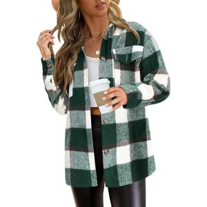 imagePRETTYGARDEN Womens Fall Clothes Plaid Shacket Jacket Trendy Casual Long Sleeve Button Down Flannel Shirts Fashion BlousePlaid Dark Green White