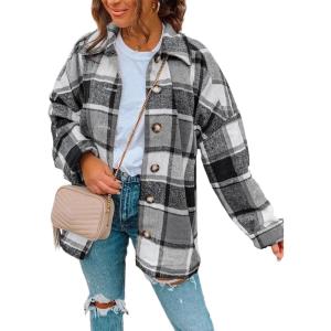 imagePRETTYGARDEN Womens Fall Clothes Plaid Shacket Jacket Trendy Casual Long Sleeve Button Down Flannel Shirts Fashion BlousePlaid Grey