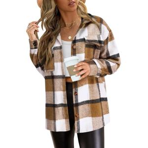 imagePRETTYGARDEN Womens Fall Clothes Plaid Shacket Jacket Trendy Casual Long Sleeve Button Down Flannel Shirts Fashion BlousePlaid Khaki White