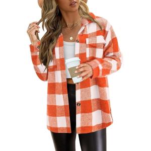 imagePRETTYGARDEN Womens Fall Clothes Plaid Shacket Jacket Trendy Casual Long Sleeve Button Down Flannel Shirts Fashion BlousePlaid Orange White