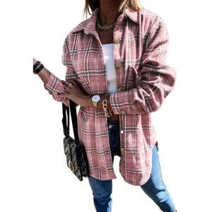 imagePRETTYGARDEN Womens Fall Clothes Plaid Shacket Jacket Trendy Casual Long Sleeve Button Down Flannel Shirts Fashion BlousePlaid Pink