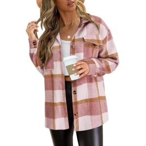 imagePRETTYGARDEN Womens Fall Clothes Plaid Shacket Jacket Trendy Casual Long Sleeve Button Down Flannel Shirts Fashion BlousePlaid Pink White