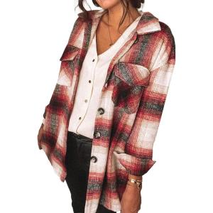 imagePRETTYGARDEN Womens Fall Clothes Plaid Shacket Jacket Trendy Casual Long Sleeve Button Down Flannel Shirts Fashion BlouseRed