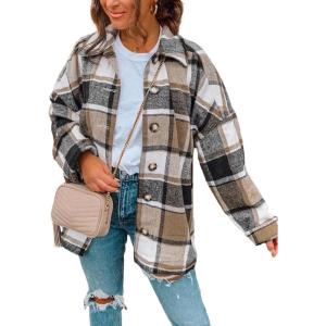 imagePRETTYGARDEN Womens Fall Clothes Plaid Shacket Jacket Trendy Casual Long Sleeve Button Down Flannel Shirts Fashion BlouseYellow
