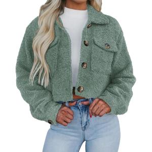 imagePRETTYGARDEN Womens Fall Clothes Sherpa Shacket Jacket Fuzzy Lapel Button Down Cropped Coat Winter OuterwearLight Green