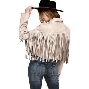 imagePRETTYGARDEN Womens Fringe Faux Suede Leather Jackets 2025 Fashion Tassel Motorcycle Cropped CoatsBeige Apricot