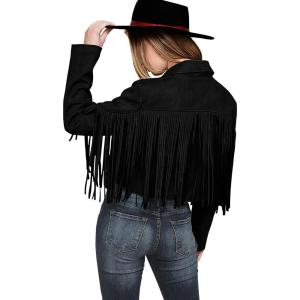 imagePRETTYGARDEN Womens Fringe Faux Suede Leather Jackets 2025 Fashion Tassel Motorcycle Cropped CoatsBlack