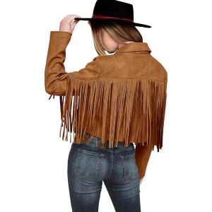 imagePRETTYGARDEN Womens Fringe Faux Suede Leather Jackets 2025 Fashion Tassel Motorcycle Cropped CoatsBrown Yellow