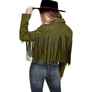 imagePRETTYGARDEN Womens Fringe Faux Suede Leather Jackets 2025 Fashion Tassel Motorcycle Cropped CoatsDark Army Green