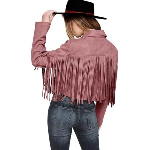 imagePRETTYGARDEN Womens Fringe Faux Suede Leather Jackets 2025 Fashion Tassel Motorcycle Cropped CoatsDark Pink