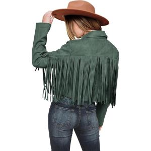 imagePRETTYGARDEN Womens Fringe Faux Suede Leather Jackets 2025 Fashion Tassel Motorcycle Cropped CoatsGreen