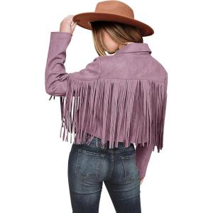 imagePRETTYGARDEN Womens Fringe Faux Suede Leather Jackets 2025 Fashion Tassel Motorcycle Cropped CoatsPurple