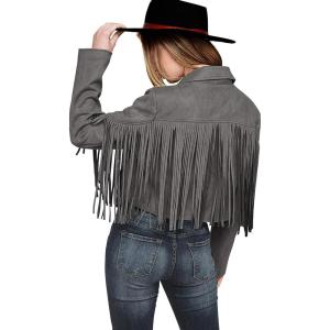 imagePRETTYGARDEN Womens Fringe Faux Suede Leather Jackets 2025 Fashion Tassel Motorcycle Cropped CoatsSilver Grey