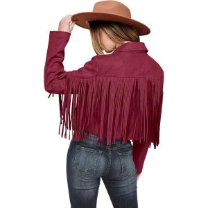imagePRETTYGARDEN Womens Fringe Faux Suede Leather Jackets 2025 Fashion Tassel Motorcycle Cropped CoatsWine Red