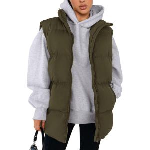 imagePRETTYGARDEN Womens Puffer Jacket Vests Casual Sleeveless Stand Collar Zip Up Coats Warm Winter OuterwearArmy Green