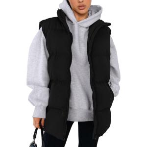 imagePRETTYGARDEN Womens Puffer Jacket Vests Casual Sleeveless Stand Collar Zip Up Coats Warm Winter OuterwearBlack