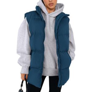 imagePRETTYGARDEN Womens Puffer Jacket Vests Casual Sleeveless Stand Collar Zip Up Coats Warm Winter OuterwearDark Blue