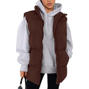 imagePRETTYGARDEN Womens Puffer Jacket Vests Casual Sleeveless Stand Collar Zip Up Coats Warm Winter OuterwearDark Brown
