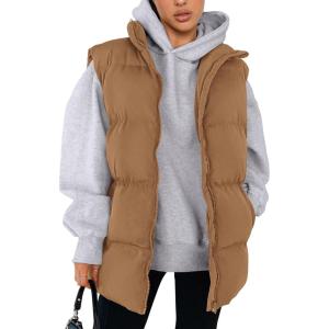 imagePRETTYGARDEN Womens Puffer Jacket Vests Casual Sleeveless Stand Collar Zip Up Coats Warm Winter OuterwearKhaki