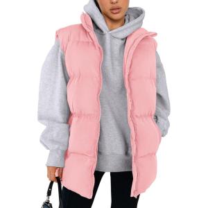 imagePRETTYGARDEN Womens Puffer Jacket Vests Casual Sleeveless Stand Collar Zip Up Coats Warm Winter OuterwearLight Pink
