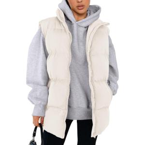 imagePRETTYGARDEN Womens Puffer Jacket Vests Casual Sleeveless Stand Collar Zip Up Coats Warm Winter OuterwearWhite