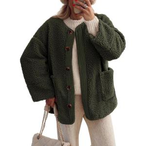 imagePRETTYGARDEN Womens Warm Winter Coats Casual Long Sleeve Button up Fuzzy Sherpa Fleece Jackets OuterwearArmy Green
