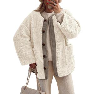 imagePRETTYGARDEN Womens Warm Winter Coats Casual Long Sleeve Button up Fuzzy Sherpa Fleece Jackets OuterwearBeige